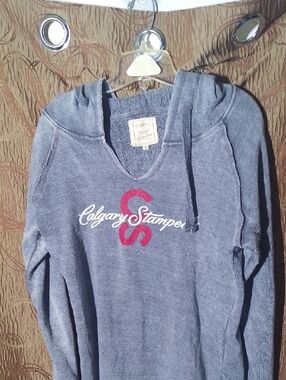 Calgary Stamped Hoodie Sweatshirt in Heather Gray with Red Logo